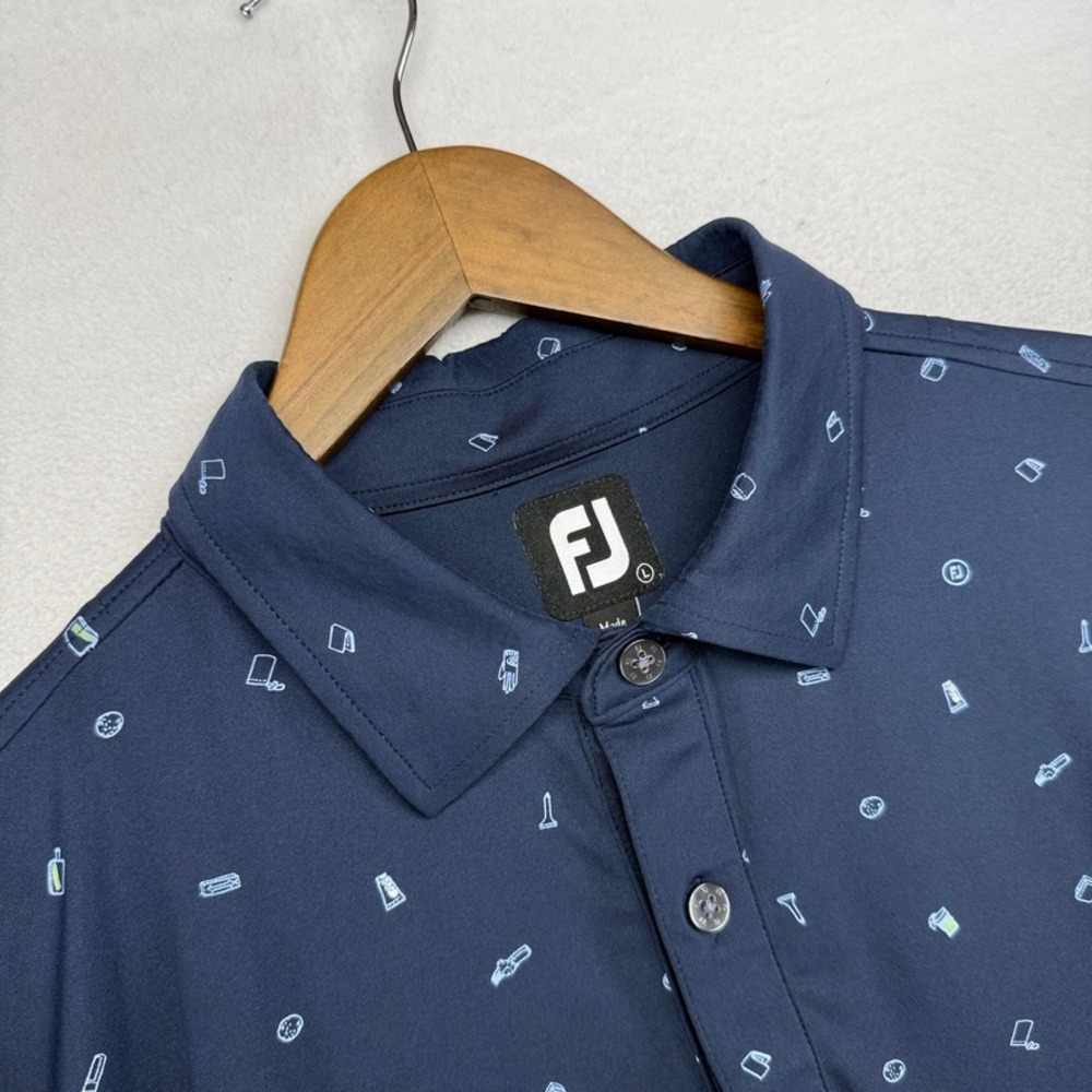 Footjoy Polo Shirt Mens Large Navy Oakhurst Golf Performance Geometric Golf Tech